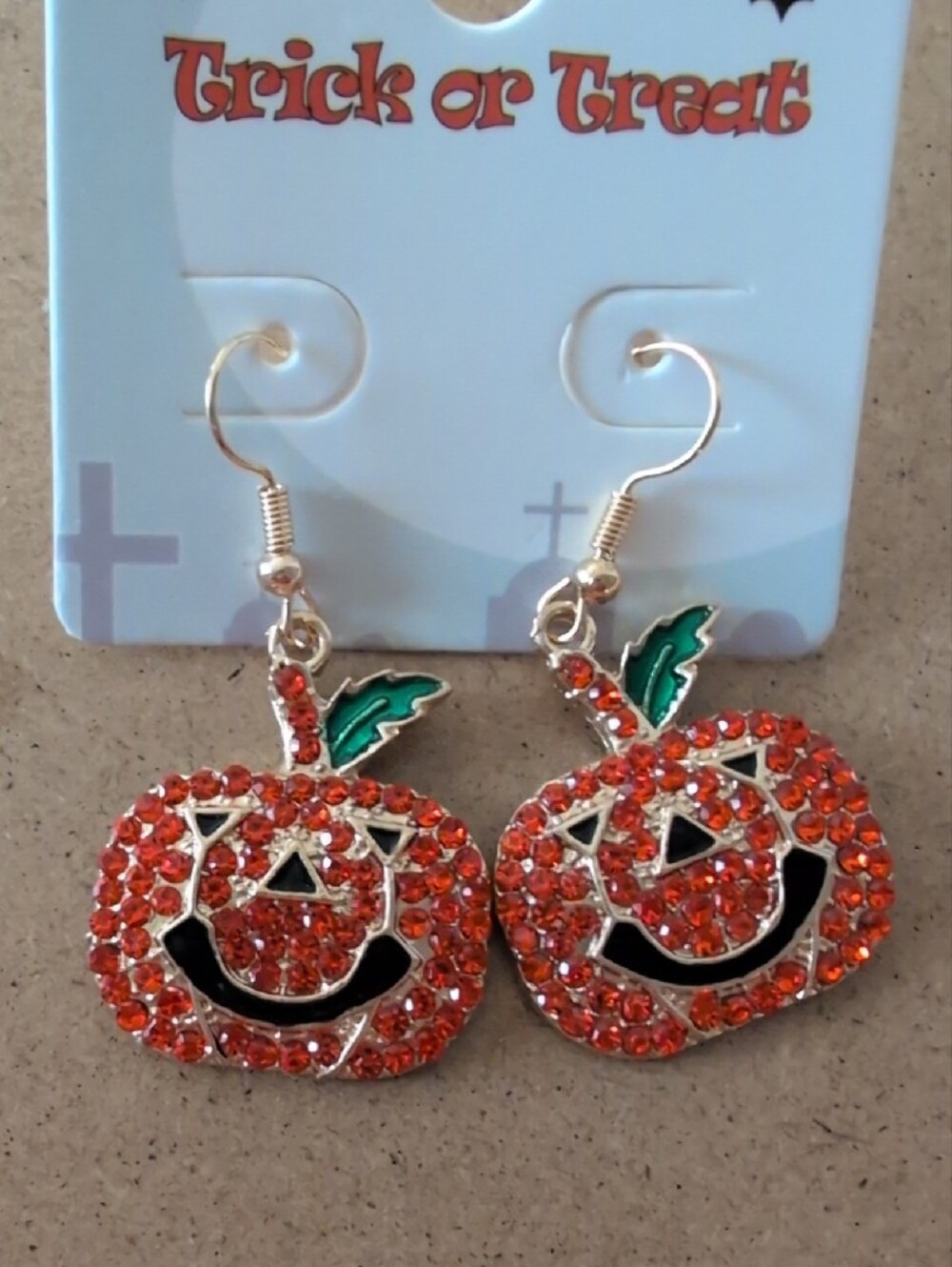 Halloween Pumpkin Dangle Earrings - Orange Crystal Jack-O'-Lantern